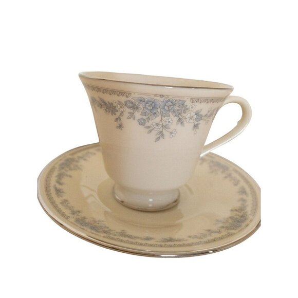 Lenox Reverie Teacup & Saucer Set With Delicate Blue Floral Design & Platinum - Picture 2 of 11